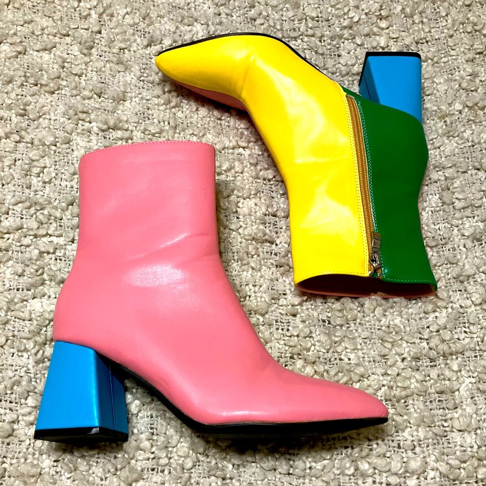 Colorblock Pink and Yellow Women's Heeled Ankle Boots